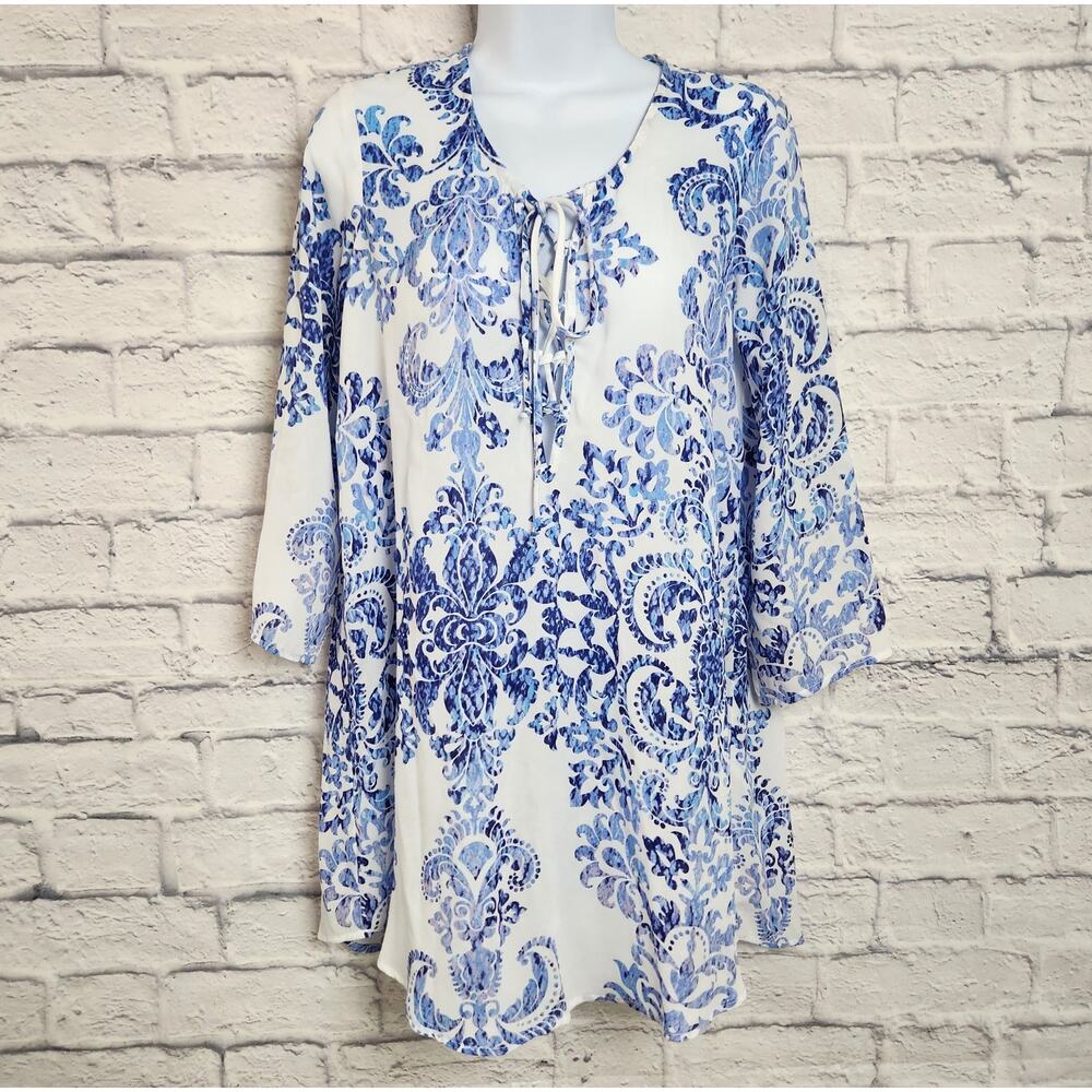 Show Me Your Mumu X-Small Lulu Tunic Blue White Paisley Tie Front Sheer